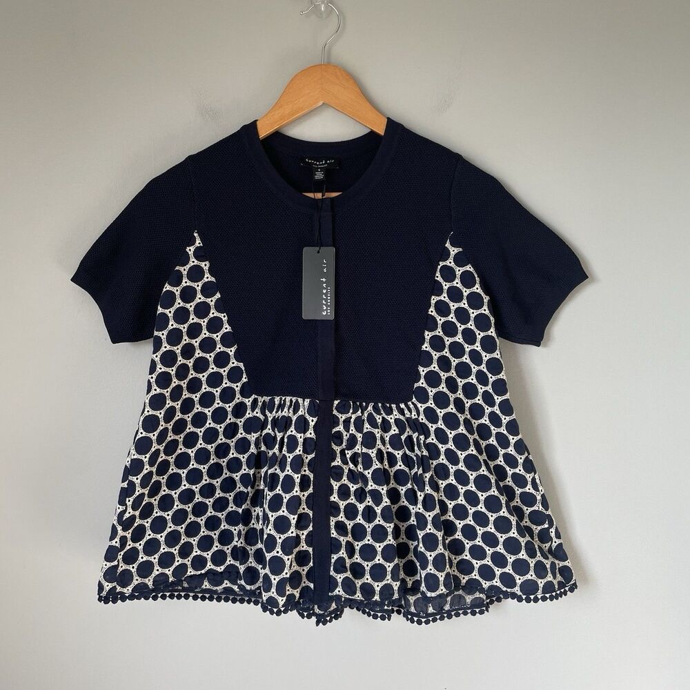 Current Air Embroidered Cropped Peplum Blouse Top Navy Blue Women's Size Small